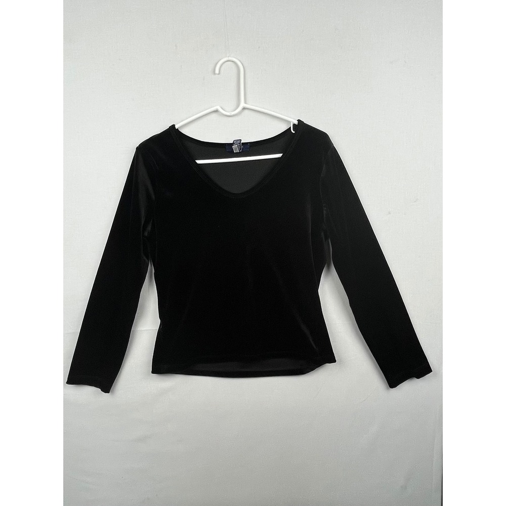 Chaps Velvet V-Neck Top Womens Medium Long Sleeve Black Solid Stretch M